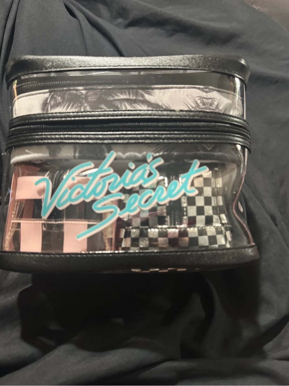 Victoria's Secret Clear Cosmetic Case with Teal Logo and Black Trim